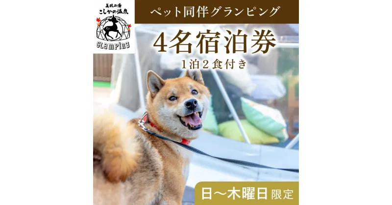 【ふるさと納税】《日～木曜日限定》ペット同伴グランピング4名1棟宿泊券 (1泊2食付・最大4名可) 鹿児島 霧島 旅行 宿 チケット 宿泊券 キャンプ 温泉 露天風呂 源泉かけ流し サウナ 冷暖房完備 アウトドア体験 BBQ ペット可 犬 小型犬 中型犬 大型犬【こしかの温泉】