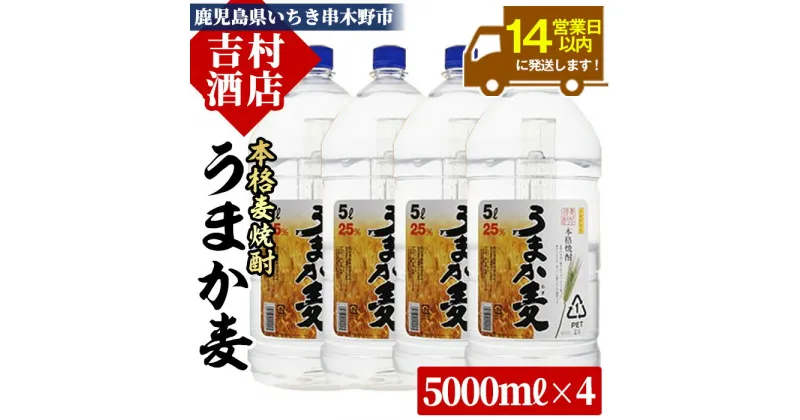 【ふるさと納税】本格麦焼酎「うまか麦」(計20L・5L×4本)！九州 鹿児島 鹿児島特産 酒 焼酎 麦焼酎 家飲み セット【吉村酒店】