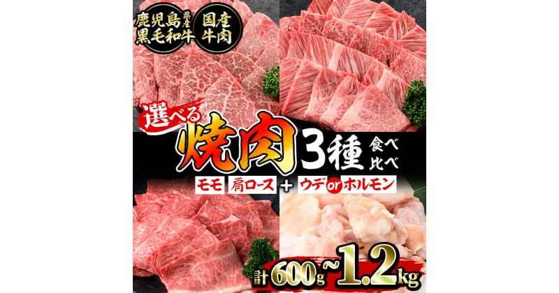 【ふるさと納税】【部位・内容量が選べる】鹿児島県産黒毛和牛＆国産牛 焼肉3種(モモ・肩ロース＆ウデorホルモン)食べ比べセット＜計600g〜1.2kg＞ 牛肉 肉 焼肉 セット 焼肉セット 焼き肉 小分け 食べ比べ 赤身 霜降り ホルモン やきにく BBQ 【ナンチク】