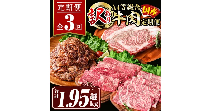 【ふるさと納税】【定期便3回】＜訳あり＞牛肉定期便(合計1.95kg超) 肉 牛肉 国産 九州産 和牛 冷凍 食べ比べ スライス ステーキ リブロース しゃぶしゃぶ 訳ありタレ 味付き タレ漬け 1ポンド【サンキョーミート株式会社】