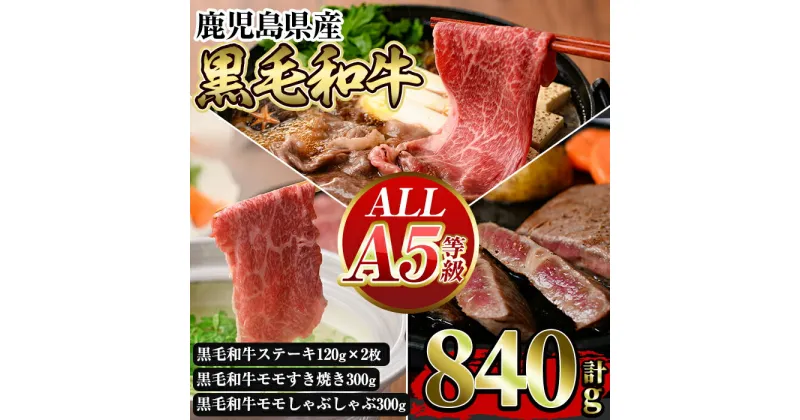 【ふるさと納税】≪ALL！A5等級≫鹿児島県産黒毛和牛赤身ステーキ・モモすき焼き・モモしゃぶしゃぶの詰め合わせセット (計840g) 国産 鹿児島産 黒毛和牛 お肉 肉 牛肉 ステーキ すき焼き しゃぶしゃぶ 【水迫畜産】