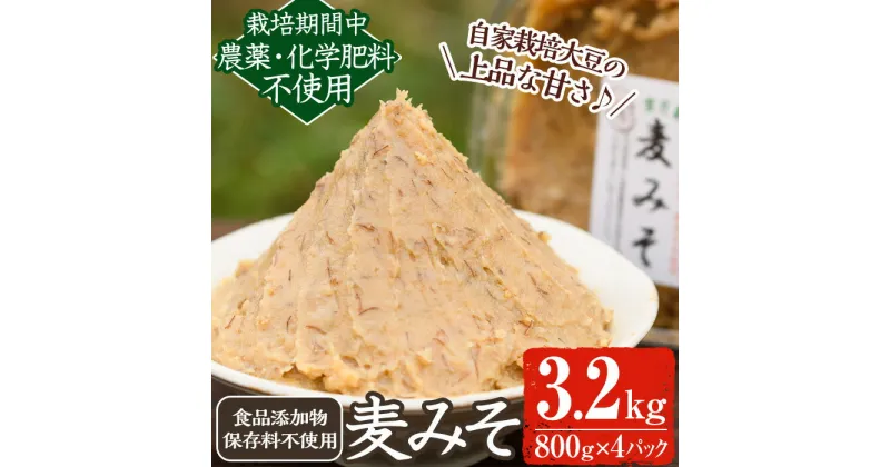 【ふるさと納税】 《添加物不使用》麦みそ(計3.2kg・800g×4パック) 味噌 麦味噌 自家栽培 玄米麹 麹 こうじ みそ汁 味噌汁 野菜炒め 田楽 有機 有機農業 有機肥料【雲月農園】