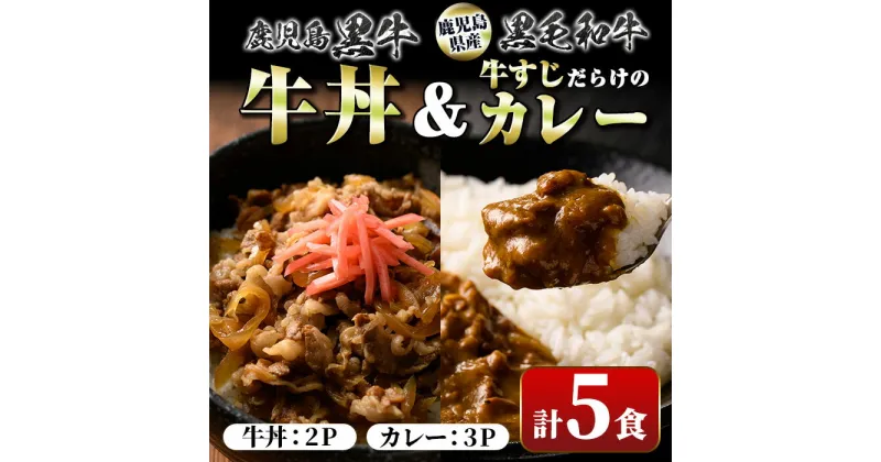 【ふるさと納税】鹿児島黒牛牛丼＆牛すじだらけのカレーセット(130g×5パック・牛丼2P、カレー3P) 鹿児島 国産 牛肉 黒毛和牛 黒牛 牛すじ レトルトカレー ご当地カレー 牛丼 丼 電子レンジ調理 パック 冷凍 セット おかず ギフト 贈答【新村畜産】